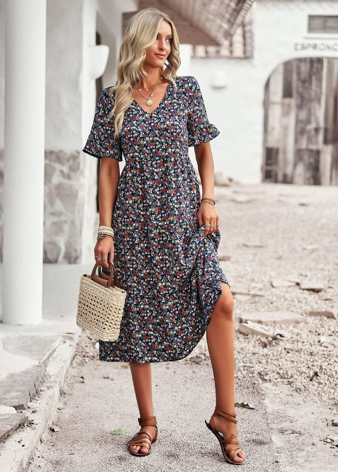 Damen Midi-Kleid mit Floralem Muster und Verspieltem V-Ausschnitt Drune
