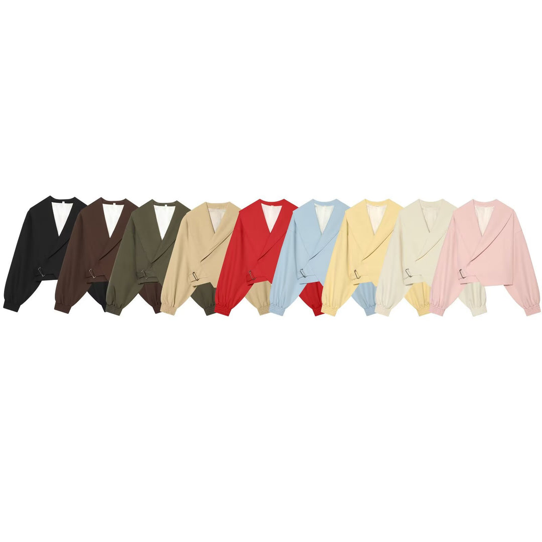 Damen Kurze Wickeljacke mit weitem Schalkragen, taillierendem Schnallenband und Ballonärmeln Drune
