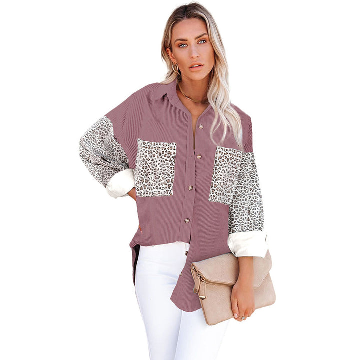 Damen Oversize-Cordhemd mit durchgehender Knopfleiste, Leo-Kontrastärmeln und aufgesetzten Taschen Drune