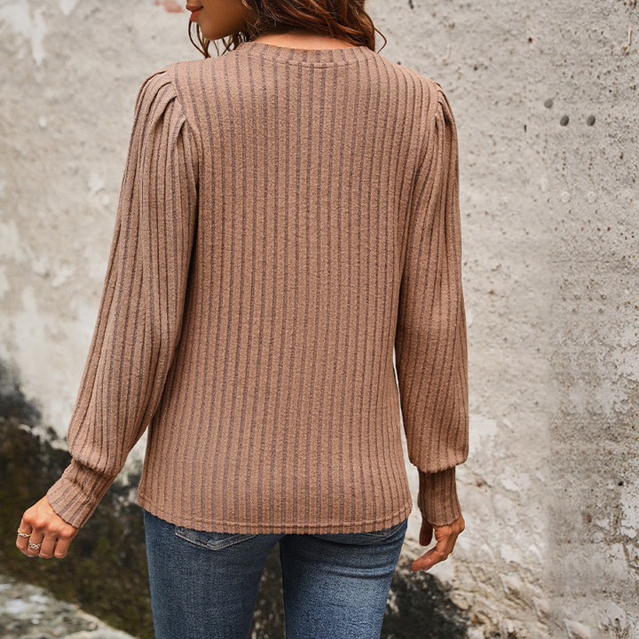 Damen Feinstrick-Pullover mit Rippenstruktur, Ballonärmeln und weichem Rundhals Drune