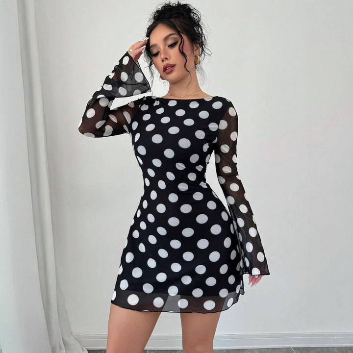 Damen nan figurbetontes transparentes Netz-Minikleid mit tiefem Rückenausschnitt und Punktmuster Drune