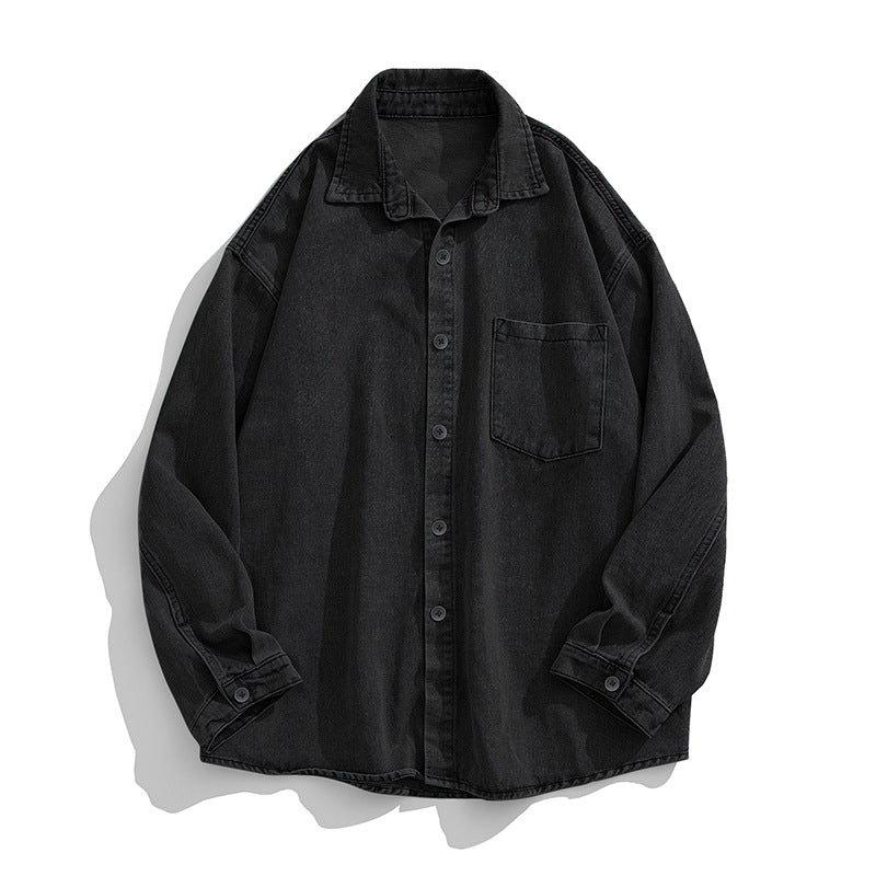 Unisex Locker geschnittenes Denim-Hemd mit Brusttasche und abgerundetem Saum Drune