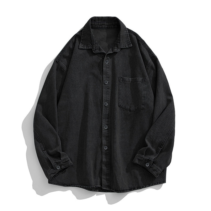 Unisex Locker geschnittenes Denim-Hemd mit Brusttasche und abgerundetem Saum Drune