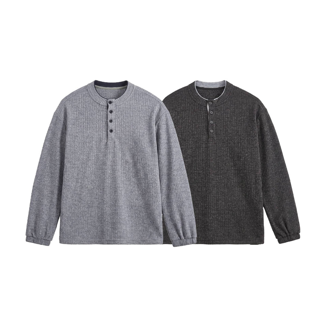 Herren Rippstruktur-Henley-Pullover mit Stehkragen und Knopfleiste Drune