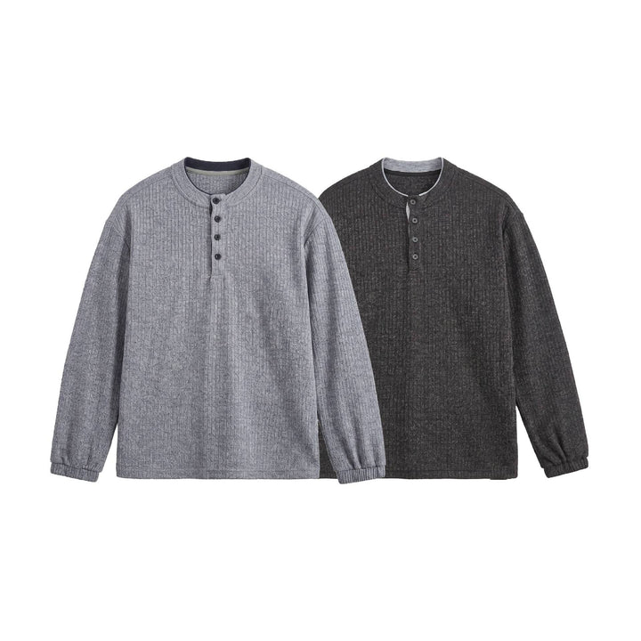 Herren Rippstruktur-Henley-Pullover mit Stehkragen und Knopfleiste Drune