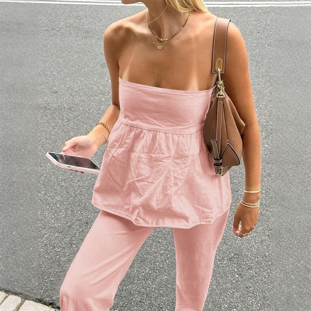 Damen Lässiges Zweiteiliges Set mit trägerlosem Top und weitem Hosen Drune