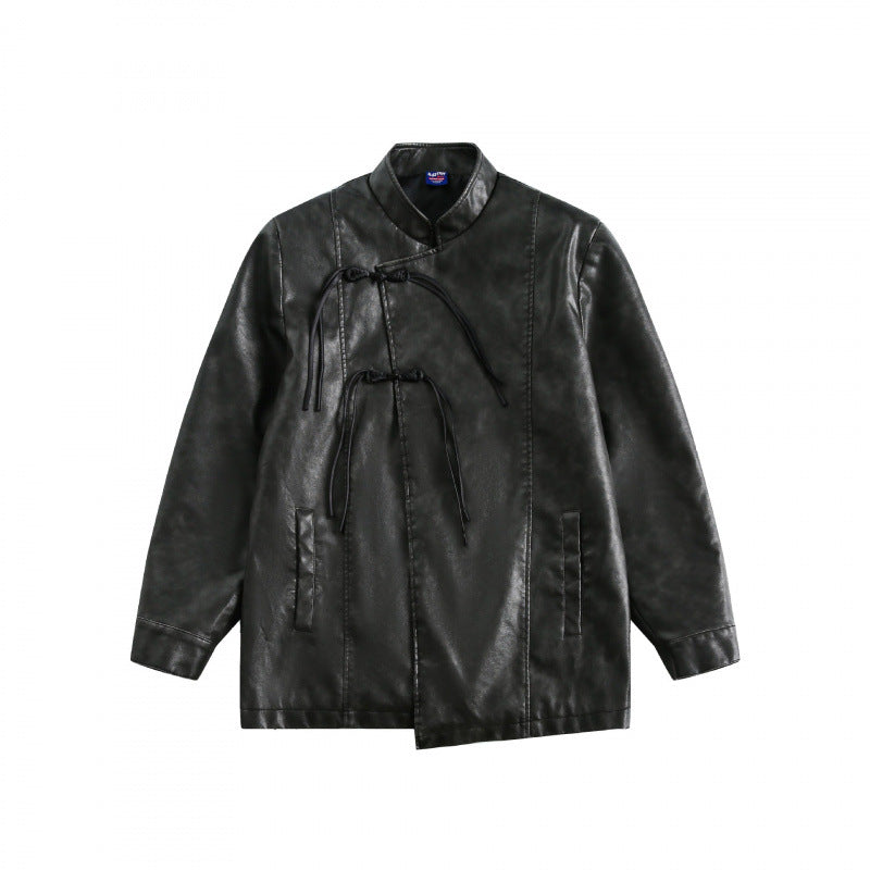 Herren Kurzjacke im Vintage-Lederlook mit Stehkragen und dekorativen Kordelverschlüssen Drune