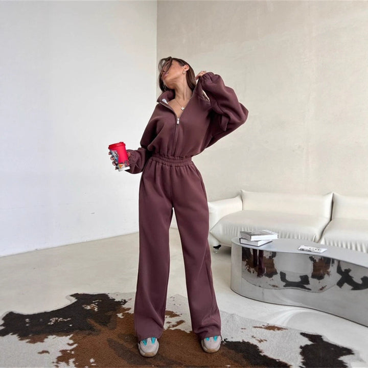 Damen Relaxed-Loungewear-Set mit Halbzip-Stehkragen und hochtaillierter Weitbein-Jogginghose Drune
