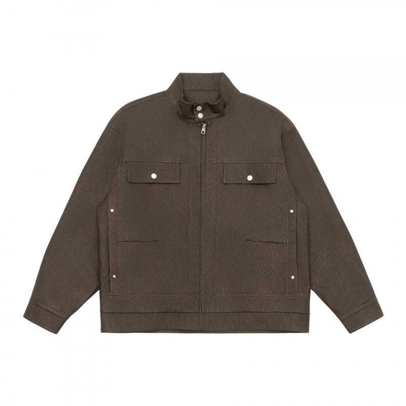 Unisex Boxy-Hemdjacke im Worker‑Stil mit Stehkragen, Frontreißverschluss und Pattentaschen Drune