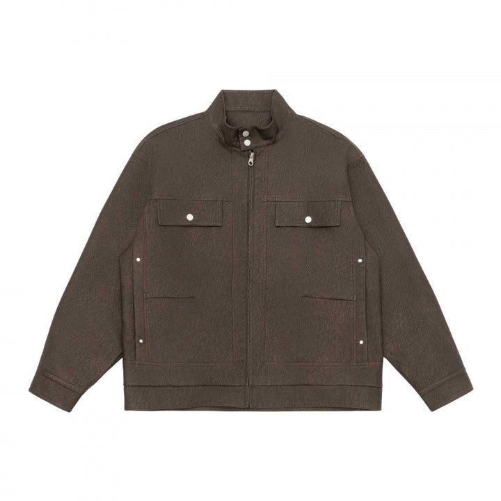 Unisex Boxy-Hemdjacke im Worker‑Stil mit Stehkragen, Frontreißverschluss und Pattentaschen Drune