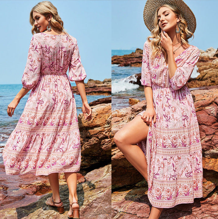 Drune | Damen Midikleid mit V-Ausschnitt und Blumenmuster
