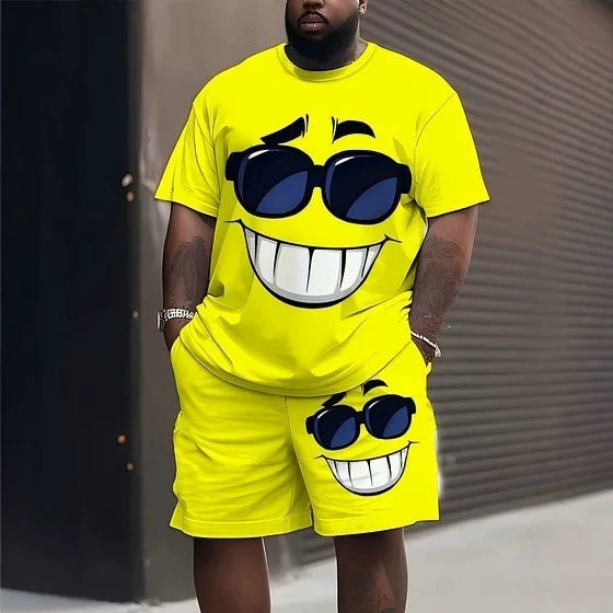 Herren nan lässiges Freizeit-Zweiteiler-Set mit großflächigem Smiley-Sonnenbrillen-Print Drune