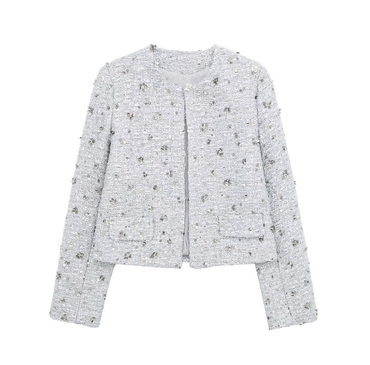 Damen nan kurz geschnittene Bouclé‑Tweedjacke mit floraler Pailletten‑Applikation und offener Front Drune