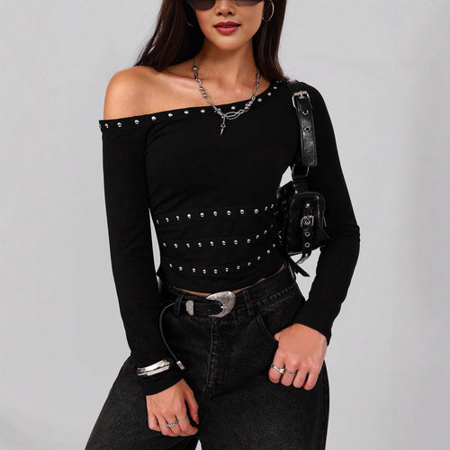 Damen nan asymmetrisches schulterfreies Langarmshirt mit Nietenbesatz und tailliertem Schnitt Drune