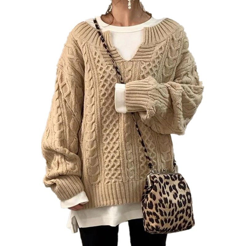 Damen nan weit geschnittener Strickpullover mit Zopfmuster und V-Ausschnitt Drune