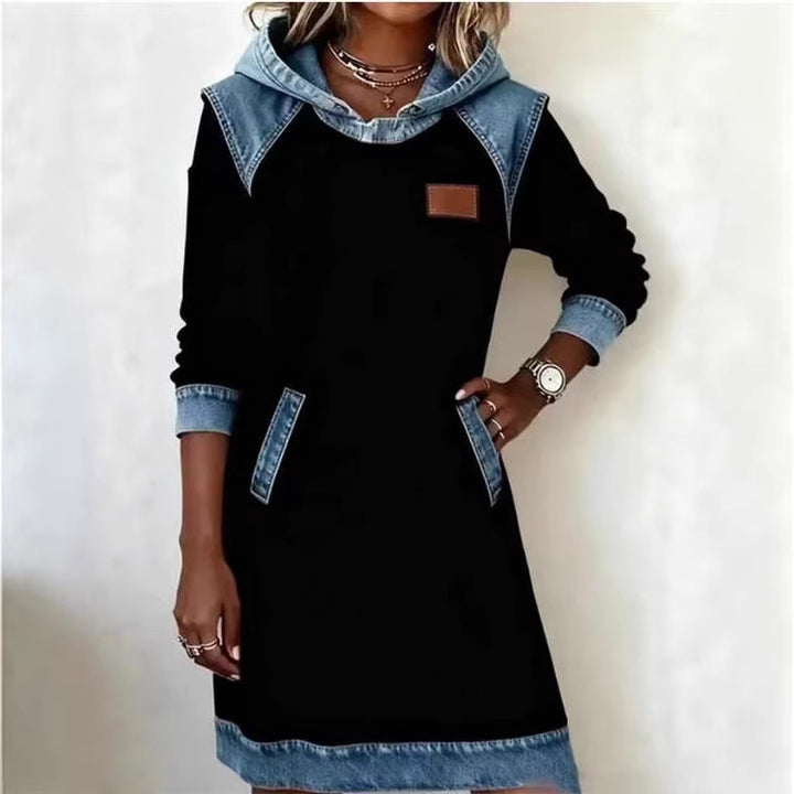 Damen Kapuzen Sweatkleid mit Denim-Besatz, Kängurutaschen und lässiger A-Linien Silhouette Drune