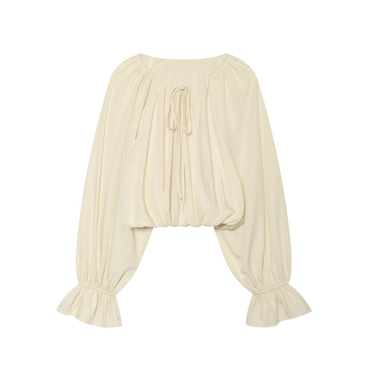 Damen Cropped Carmen‑Bluse mit Ballonärmeln, Tunnelzug und gerafftem Saum Drune