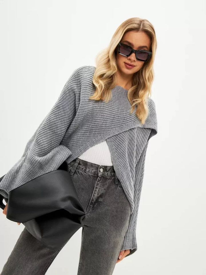 Damen lässiger Wickelpullover mit weitem Schnitt und strukturiertem Material Drune