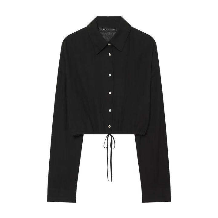 Damen Kurz geschnittene Bluse mit Spitzkragen, Knopfleiste und Kordelzug Drune