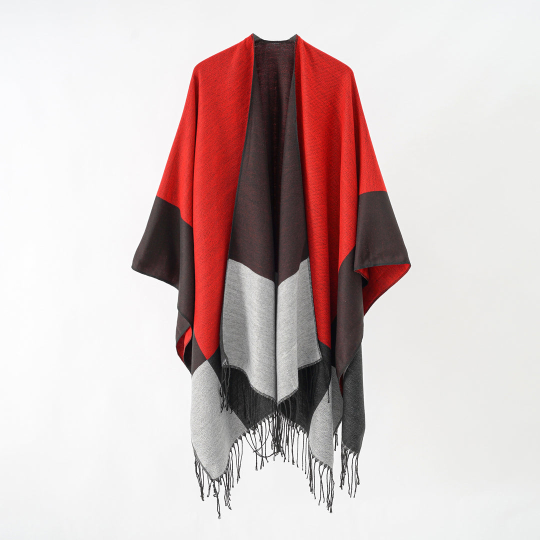 Damen Oversize-Ruana aus Wollmix mit Farbblock‑Design und Fransen Drune