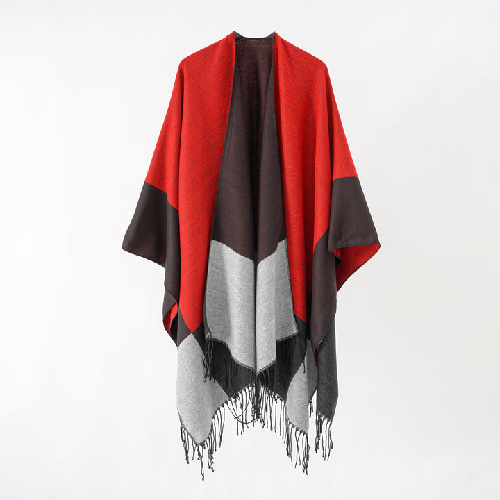 Damen Oversize-Ruana aus Wollmix mit Farbblock‑Design und Fransen Drune