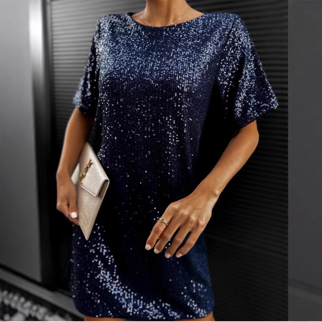 Damen Glänzendes Paillettenkleid mit kurzem Schnitt und bequemen Rundhalsausschnitt Drune
