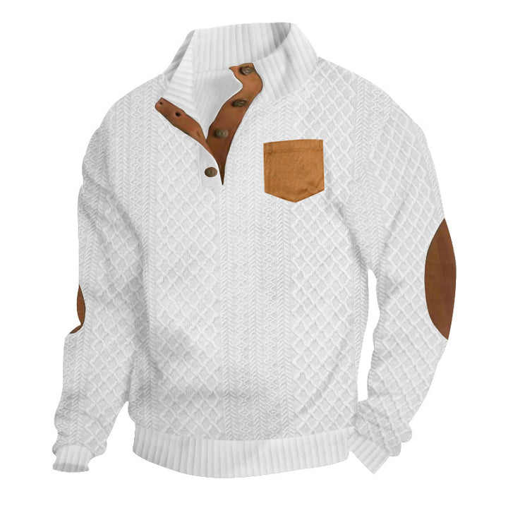 Herren Strukturiertes Kabelstrick-Sweatshirt mit Halbknopfblende, Kunstleder‑Patchtasche & Ellbogenpatches Drune