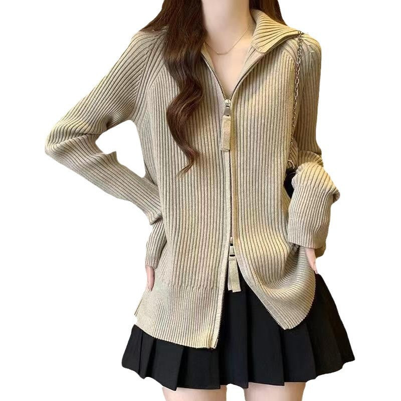 Damen modische Strickjacke mit durchgehendem Reißverschluss Drune