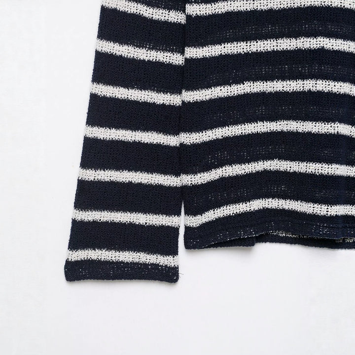 Damen Gestreifter Strick-Henleypullover mit Knopfleiste und Leichtstruktur Drune