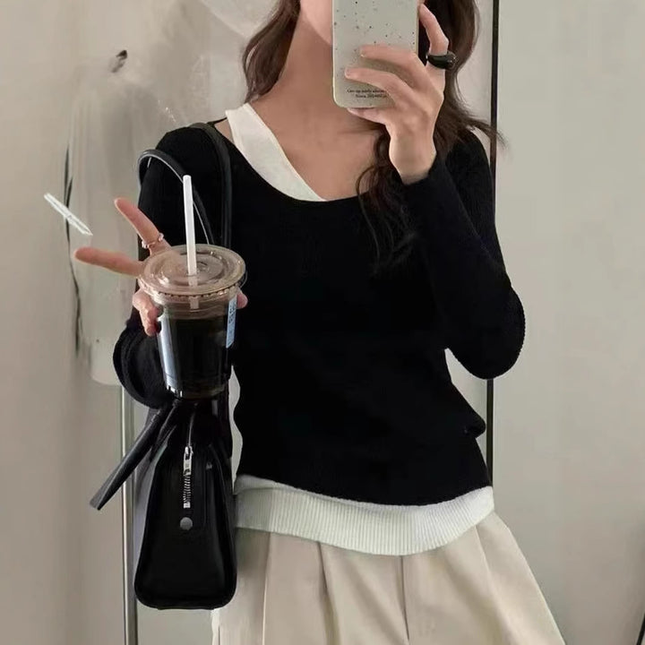 Damen lässiger V-Ausschnitt Strickpullover mit kontrastrierendem Saum Drune