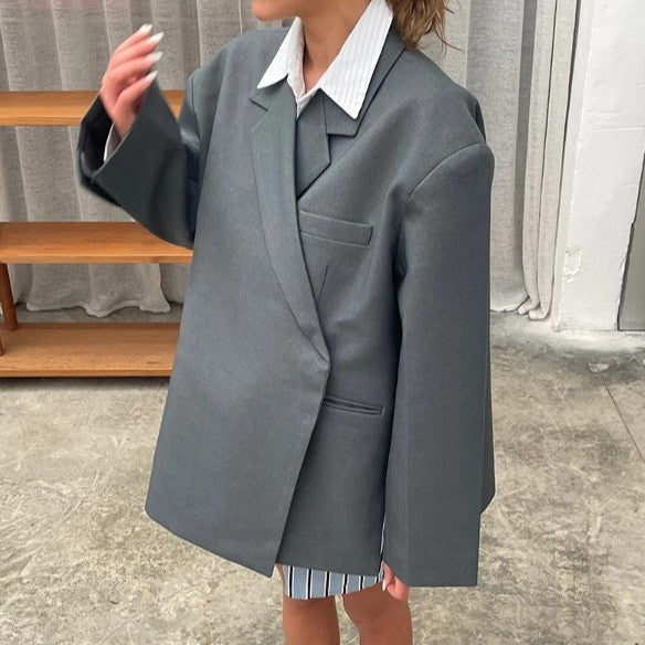 Damen elegante Blazerjacke mit asymmetrischem Schnitt und praktischen Taschen Drune