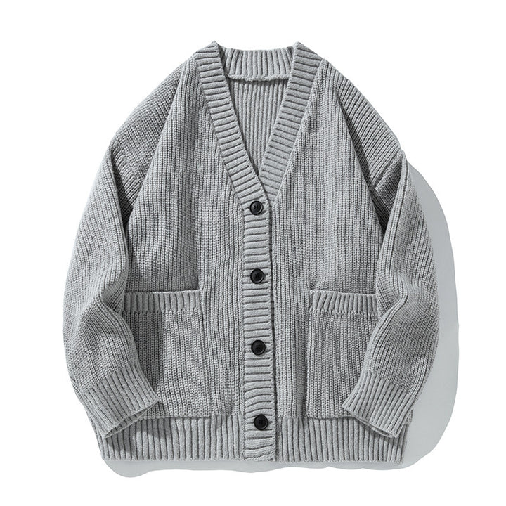 Unisex Grobgestrickter Relaxed-Cardigan mit tiefem V‑Ausschnitt, Kastenform und aufgesetzten Taschen Drune