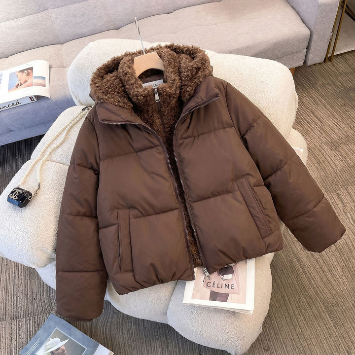 Damen nan kompakte Steppjacke mit Sherpa-Innenkapuze, wärmender Thermoisolierung und verdecktem Zweiwege-Reißverschluss Drune