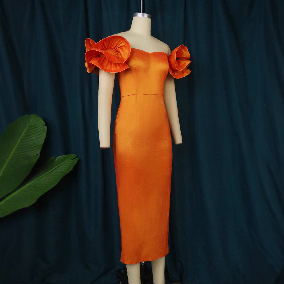 Damen figurbetontes Abendkleid mit voluminösen Rüschenträgern Drune