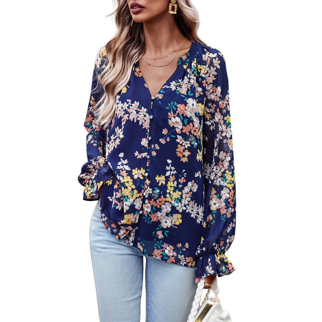 Damen nan Chiffon-Bluse mit floralem Alloverprint, V-Ausschnitt, Knopfleiste und gebundenen Manschetten Drune