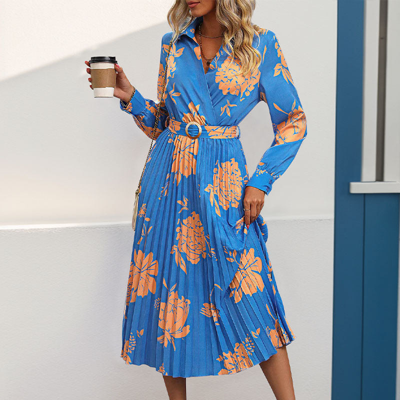 Damen Plissiertes Hemdblusenkleid mit Wickel‑V‑Ausschnitt, Taillengürtel und floralem Print Drune