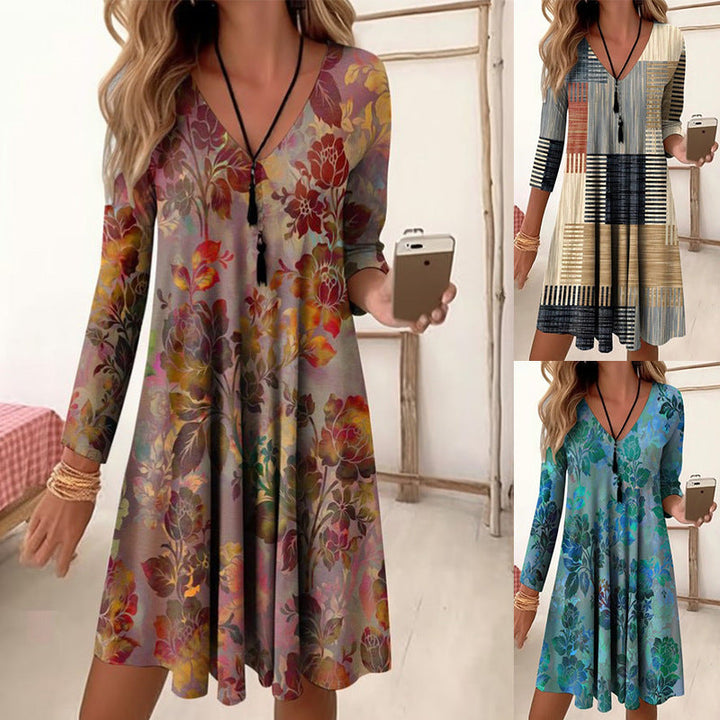 Damen V-Ausschnitt Freizeitkleid mit floraler Gestaltung und seitlichen Taschen Drune