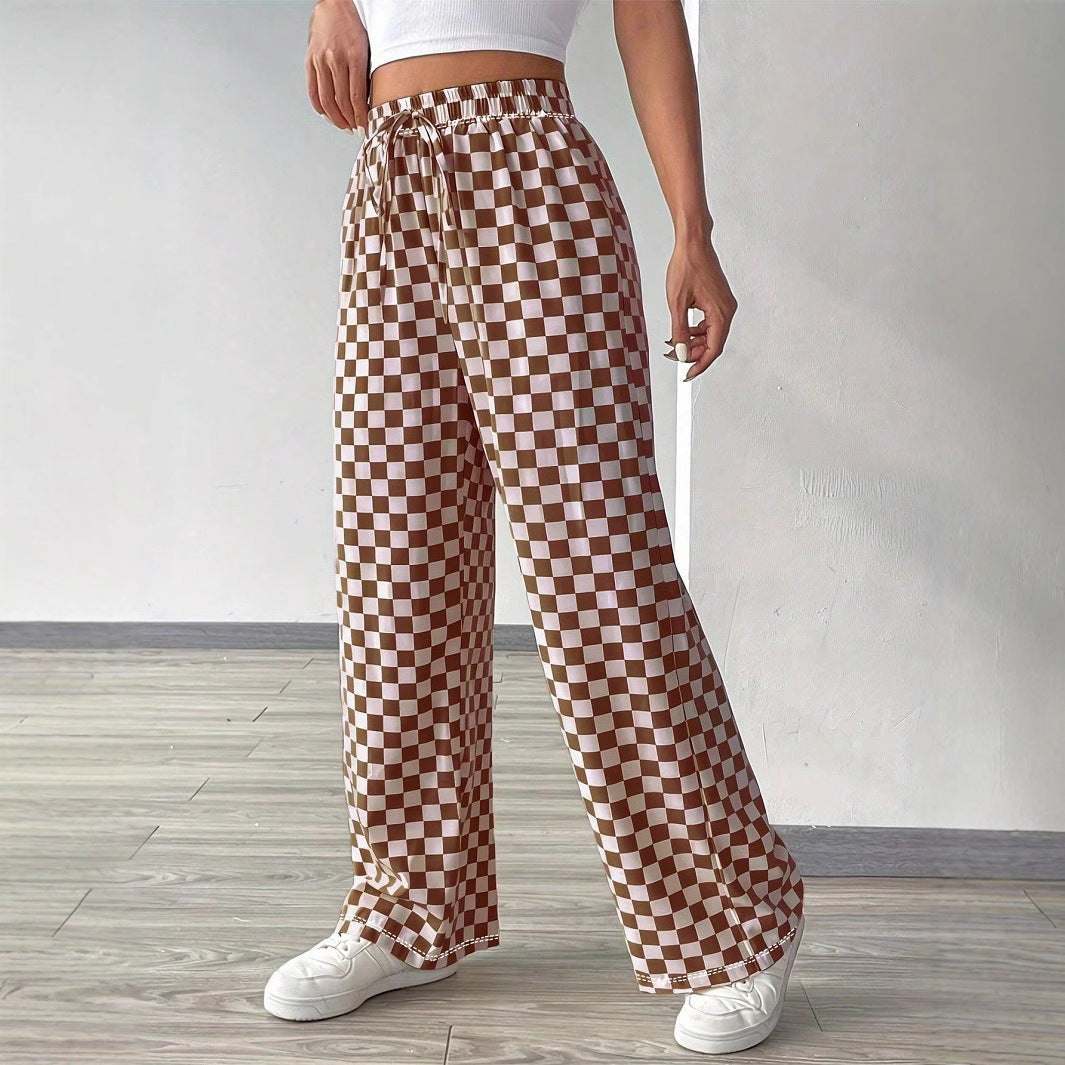 Damen Weite Freizeithose mit kariertem Muster und elastischem Bund Drune