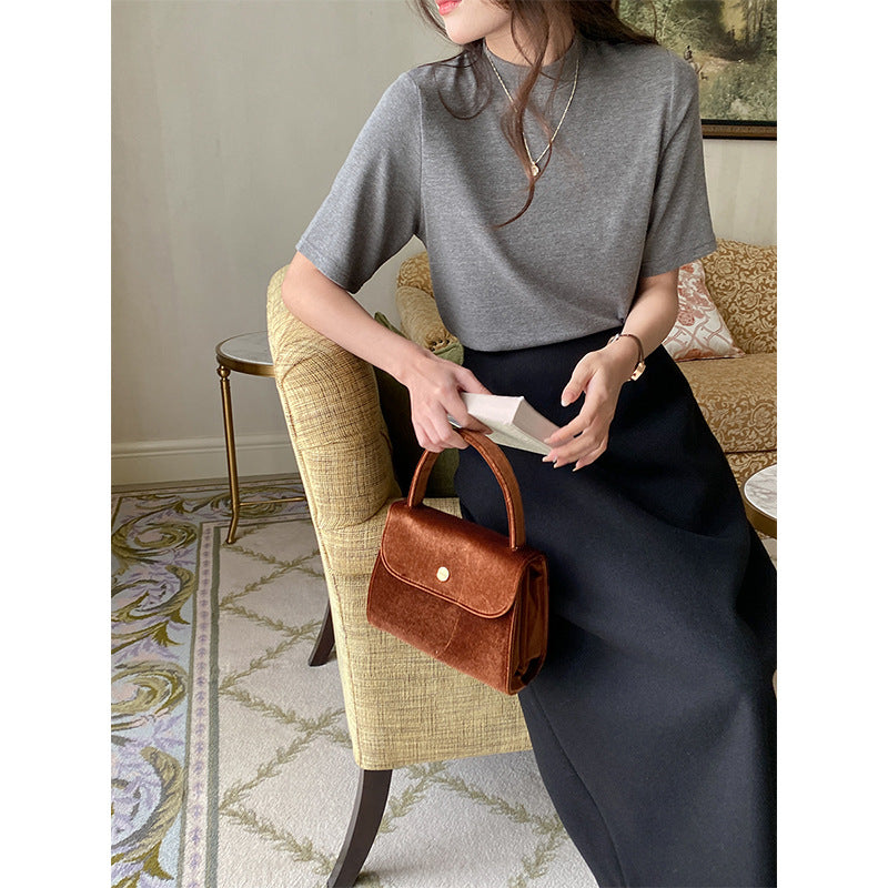Damen elegantes Kurzarm-T-Shirt mit hohem Kragen Drune