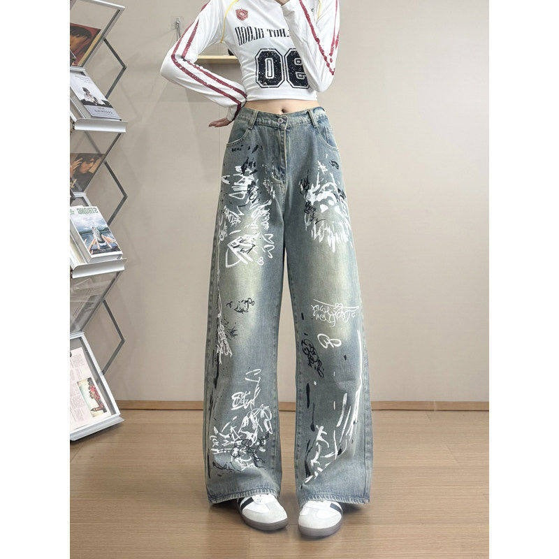 Damen Stylische Oversized Jeans mit grafischem Print Drune