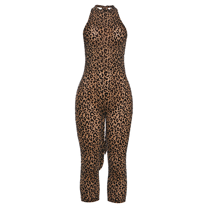 Damen Figurbetonter Jumpsuit mit Leopardenmuster und hochgeschlossenem Ausschnitt Drune