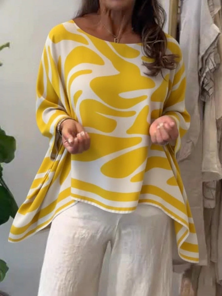 Damen Oversize Sommerbluse mit abstraktem Print, Fledermausärmeln und asymmetrischem Saum Drune