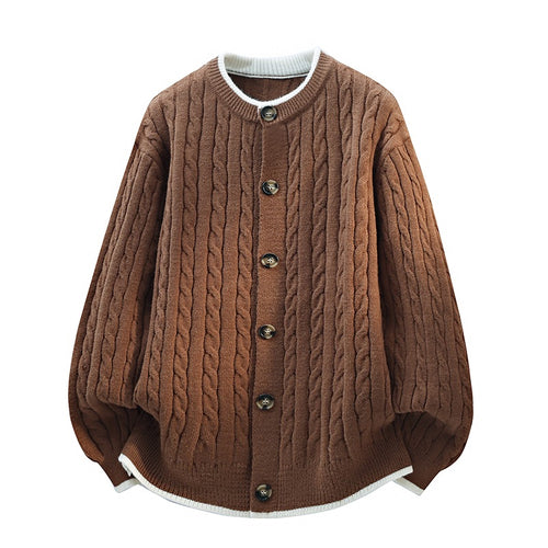 Damen Oversize Zopfstrick-Cardigan mit Rundhalsausschnitt, Holzknopfleiste & Kontrastbesatz Drune