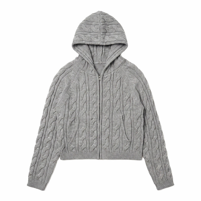 Damen Kapuzen-Zopfstrick-Cardigan mit Reißverschluss und Raglanärmeln Drune