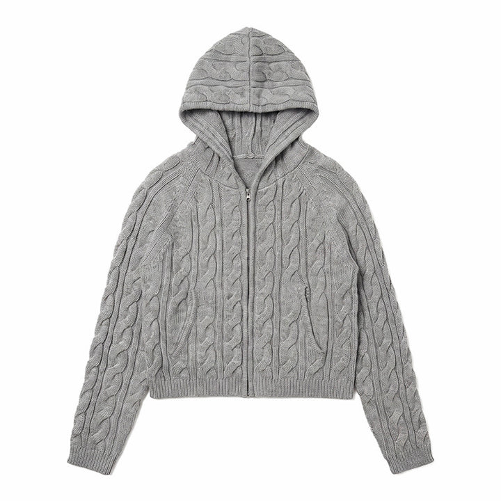 Damen Kapuzen-Zopfstrick-Cardigan mit Reißverschluss und Raglanärmeln Drune