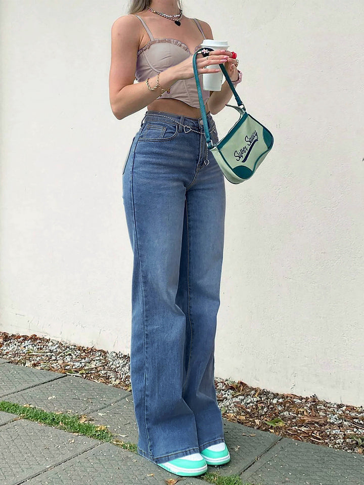 Damen Hochtaillierte Gerade‑Bein-Jeans im Retro‑Stil mit weitem Saum und Fünf‑Taschen‑Design Drune