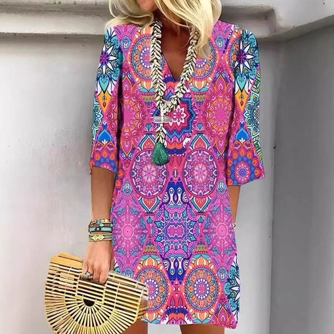 Damen nan kurzes Boho‑Tunika‑Minikleid mit V‑Ausschnitt, Mandala‑Alloverprint und Dreiviertelärmeln Drune
