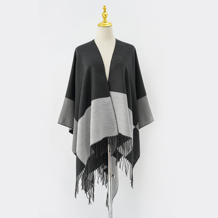 Damen Oversize-Ruana aus Wollmix mit Farbblock‑Design und Fransen Drune