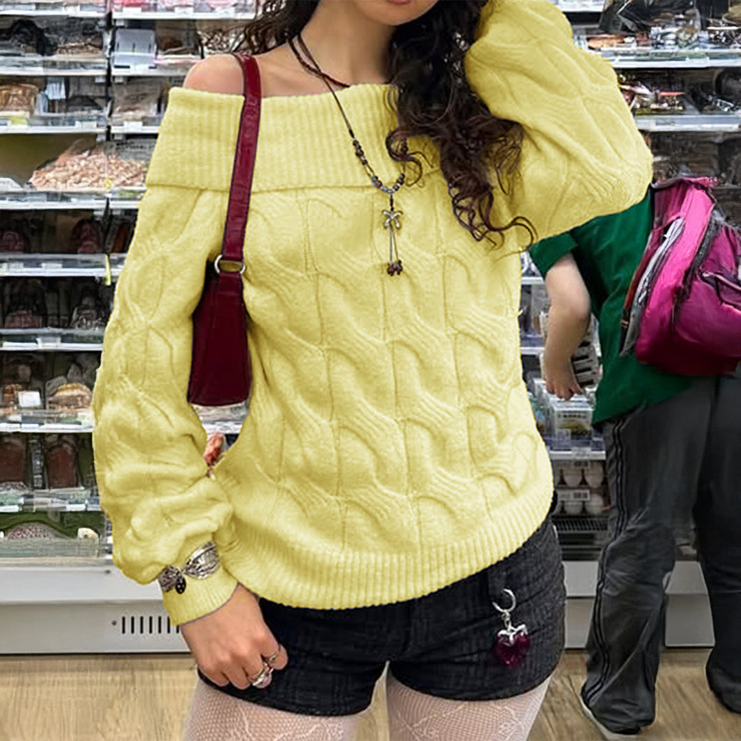 Damen nan schulterfreier Grobstrickpullover mit Zopfmuster, weitem Armaufschlag und elastischem Rippenbund Drune