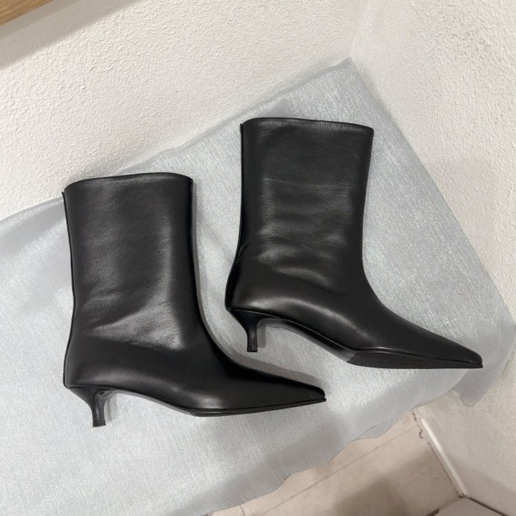 Damen Wadenhohe schlanke Stiefeletten mit spitzer Zehenpartie und niedrigem Kitten‑Absatz Drune